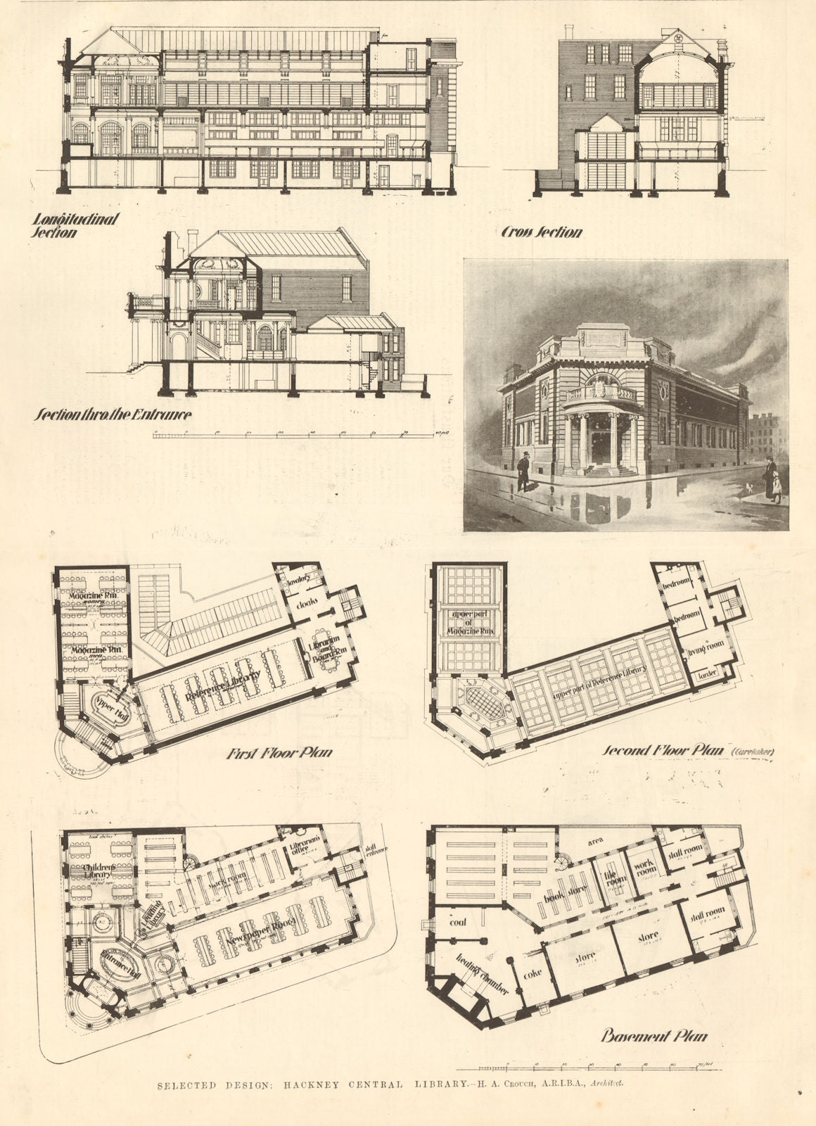 Hackney Central Library design. H.A. Crouch, Architect. Sketch section plan 1906